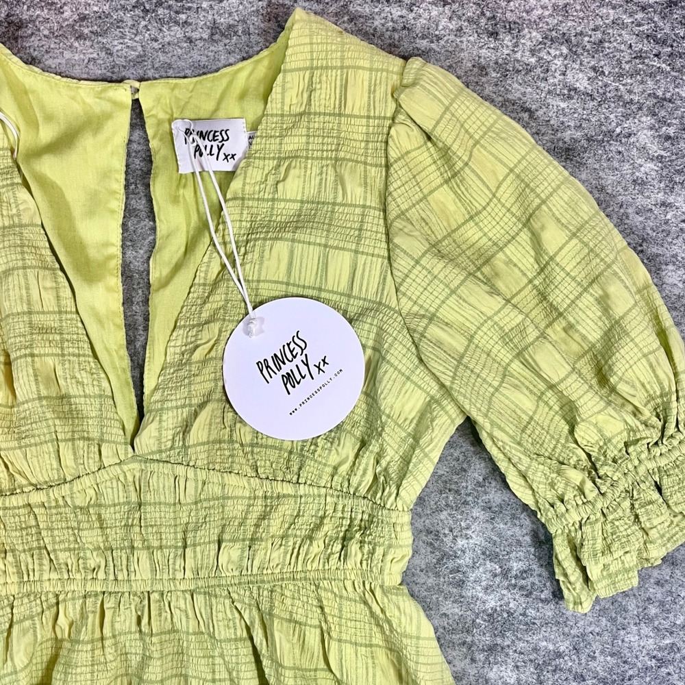 Princess Polly Mini Dress Womens 8 Green Plaid Puff Sleeve Cottagecore Summer - Picture 3 of 10